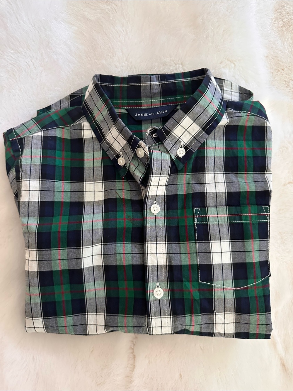 Janie and Jack Navy, Green, and White Plaid Button-Down Shirt
